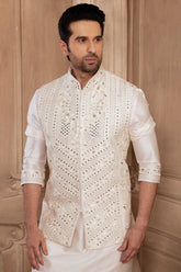 Kurta Pajama in Silk Mirror Embroidery Jacket